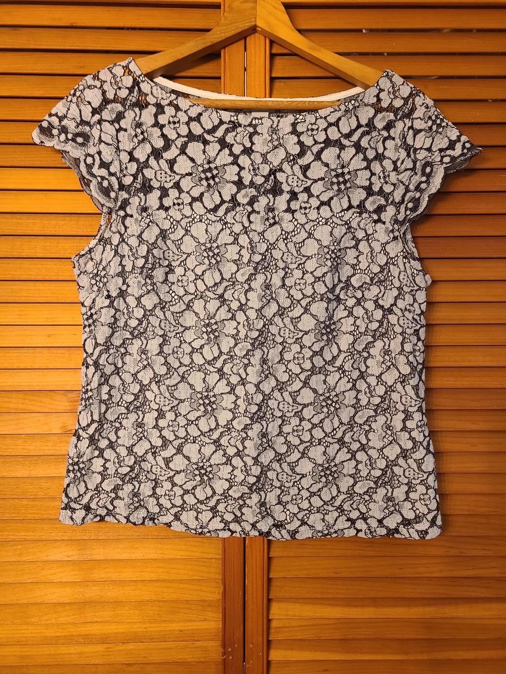 Black Lace Overlay Cap-Sleeve Top on White Base